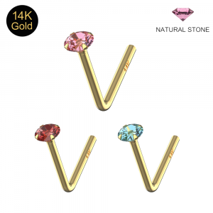 14K Gold Claw-Set Natural Stone L Bend Nose Stud