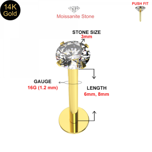 14K Gold Moissanite Stone Threadless Top with Labret