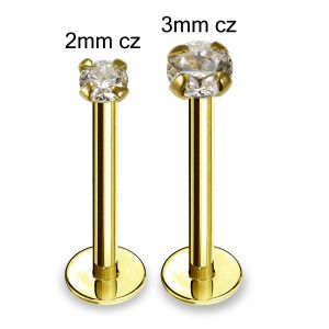 14K Yellow Gold 16G 10mm Labret with Round CZ Jeweled Threadless pin top