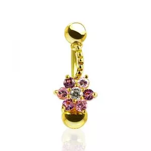 14K Gold Jeweled Floral Flower Reverse Dangling Navel Belly Ring