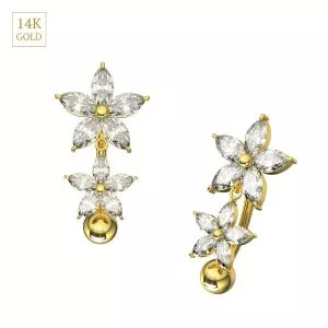 14K Yellow Gold Flower Dangling CZ Jeweled Belly Ring