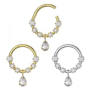 316L Surgical Steel CZ Jewels and Pear Drop Dangle Hinged Segment Clicker