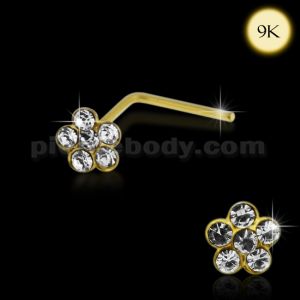 9K Solid Yellow Gold Crystal Flower Nose Stud