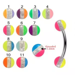 316L Surgical Steel Eyebrow Banana With Centered glitter with colorful UV Balls