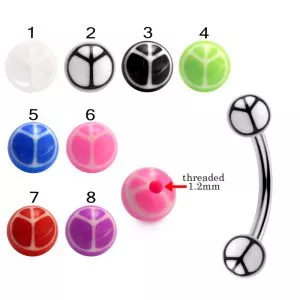 316L Surgical Steel Eyebrow Banana With Hand Painted Peace Sign UV Balls