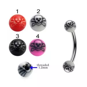 316L Surgical Steel Eyebrow Banana With Hand Painted Skull Design UV Balls