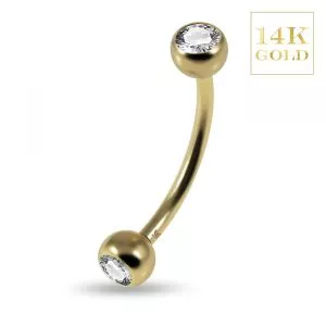 14K Yellow Gold Curved Barbell With CZ Jeweled Balls