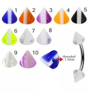 316L Surgical Steel Eyebrow Banana With White Stripe on Colorful UV Cones