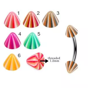 316L Surgical Steel Eyebrow Banana With Multi Colorful Stripes UV Cones