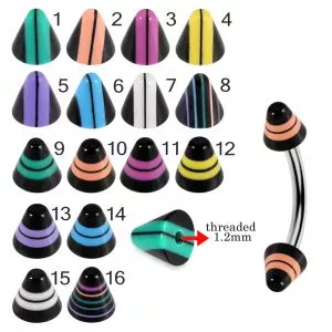 316L Surgical Steel Eyebrow Banana With Fancy Stripes UV Cones