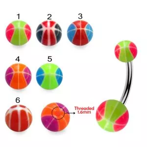 SS Belly Curved Bar With Pink Glittered UV Balls