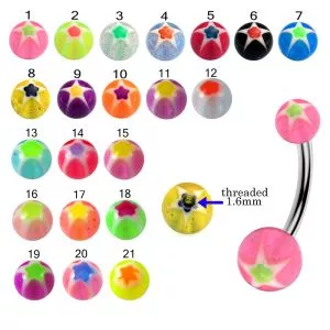 316L Surgical Steel Eyebrow Banana With Multi Color Star Design UV Ball