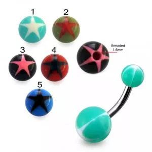 316L Surgical Steel Banana Belly Ring With Multi Color Star in UV Ball
