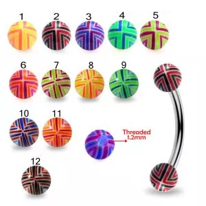 316L Surgical Steel Eyebrow Banana With Fancy Stripe Colorful Hand Painted UV Balls