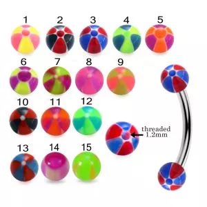 316L Surgical Steel Eyebrow Banana With Hand Painted Beach Ball Design UV Balls