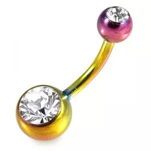 16G Rainbow PVD Anodized Surgical Steel Double Jeweled Banana belly bar