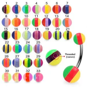 316L Surgical Steel Banana Belly Bar With UV Acrylic Assorted Mix Color Ball