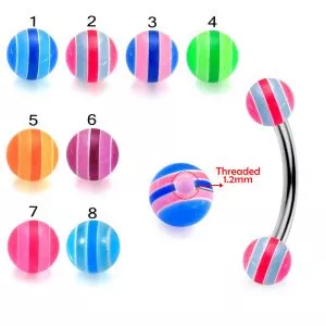 316L Surgical Steel Eyebrow Banana With Multi Stripe UV Balls