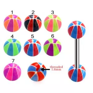 316L Surgical Steel Tongue Barbell With Mix Color Basketball Printed UV Balls