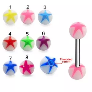 SS Tongue Barbell With White UV Blue Star Print Body Jewelry