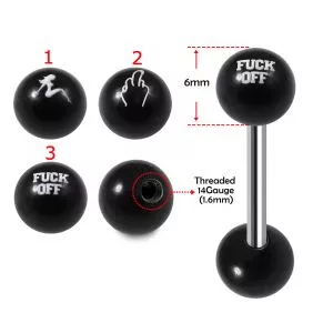 SS Tongue Barbell with Dirty Logo UV Black Ball Top and Plain Black UV Ball Base