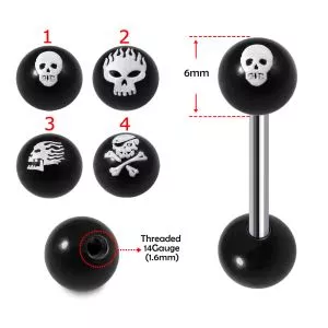 SS Tongue Barbell with Laser Printed UV White Skull Logo Ball Top and Plain Black UV Ball Base