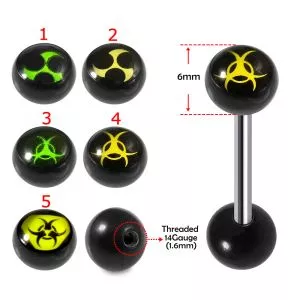 SS Tongue Barbell with UV Bio-Hazard Logo Ball Top and Plain Black UV Ball Base