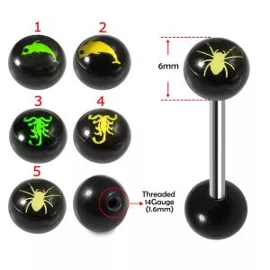 SS Tongue Barbell with UV Sexy Logo Ball Top and Plain Black UV Ball Base