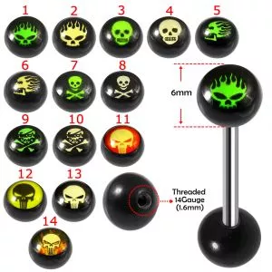 SS Tongue Barbell with UV Skull Logo Ball Top and Plain Black UV Ball Base