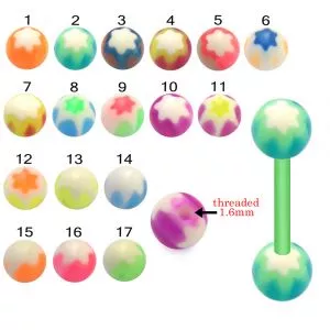 Bio Flex Tongue Barbell With Floral Design UV Balls