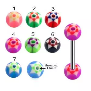 316L Surgical Steel Tongue Barbell With Hand Painted Twin Star Design UV Balls