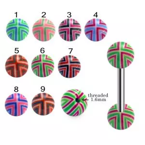 316L Surgical Steel Tongue Barbell With Hand Painted Multi Stripes UV Balls