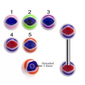 316L Surgical Steel Tongue Barbell With Evil Eye Design UV Balls