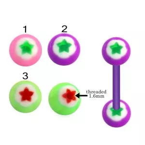 Bio Flex Tongue Barbell With Hand Painted Fancy Flower Design UV Balls