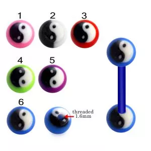 Bio Flex Tongue Barbell With Hand Painted Ying Yang Design UV Balls