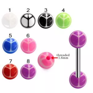 316L Surgical Steel Tongue Barbell With Hand Painted Peace Sign UV Balls
