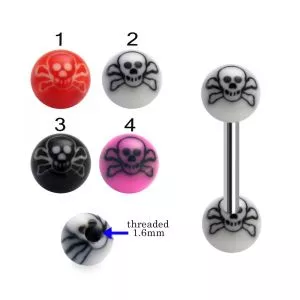 316L Surgical Steel Tongue Barbell With Hand Painted Skull Design UV Balls