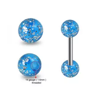 316L Surgical Steel Tongue Barbell With Glittering Blue Color UV Balls