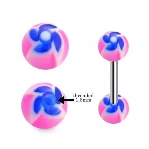 316L Surgical Steel Tongue Barbell With Pin Wheel Design Pink color UV Balls