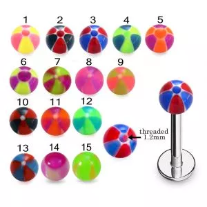 316L Surgical Steel Labret With Hand Painted Beach Ball Design UV Balls