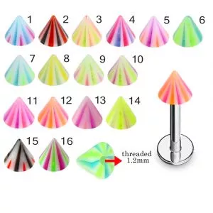 316L Surgical Steel Labret With Double Color Multi Stripe UV Cones