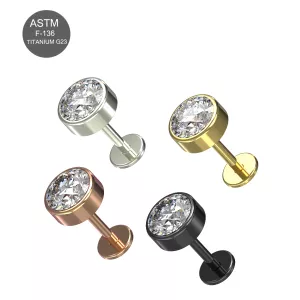 G23 Grade Titanium Threadless Push Fit With Round CZ Top With Flat Back Labret