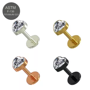 G23 Grade Titanium Threadless Heart CZ Jeweled Tragus Top Push Fit With Flat Back Labret