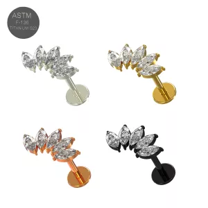 G23 Grade Titanium Marquise CZ Jeweled Fancy Design Tragus Top Push Fit With Flat Back Labret