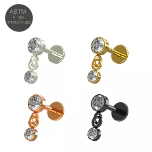 G23 Grade Titanium Double CZ Jeweled Dangling Tragus Top Push Fit With Flat Back Labret