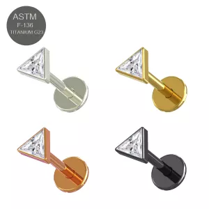 G23 Grade Titanium Triangle CZ Jeweled Tragus Top Push Fit With Flat Back Labret
