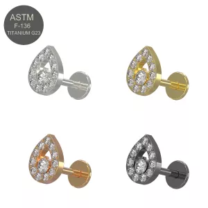 G23 Grade Titanium Multi Jeweled Tear Drop Design Tragus Top Push Fit With Flat Back Labret