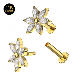 14K Gold Six Petals Flower CZ Stone With Flower Back Labret