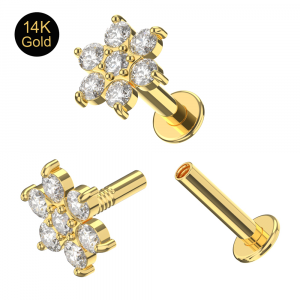 14K Gold Round CZ Flower Jeweled  With Flat Back Labret