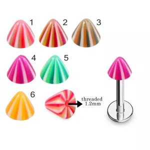 316L Surgical Steel Labret With Multi Colorful Stripes UV Cone